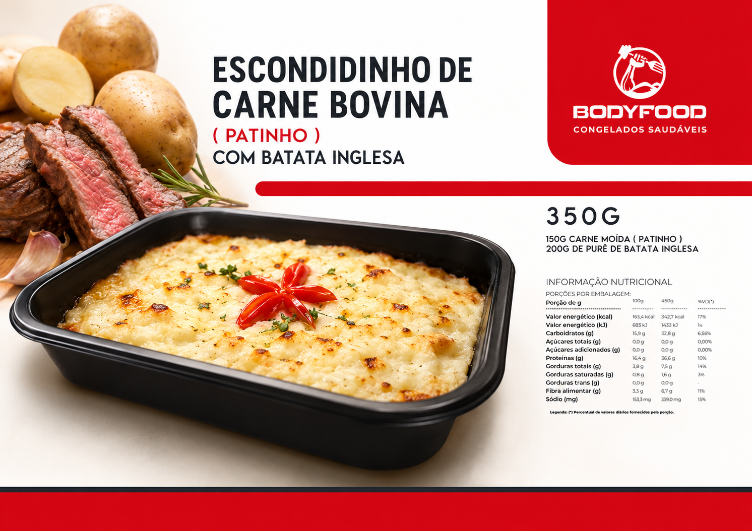 Card da refeição Escondidinho de carne bovina com batata inglesa, com informações nutricionais.